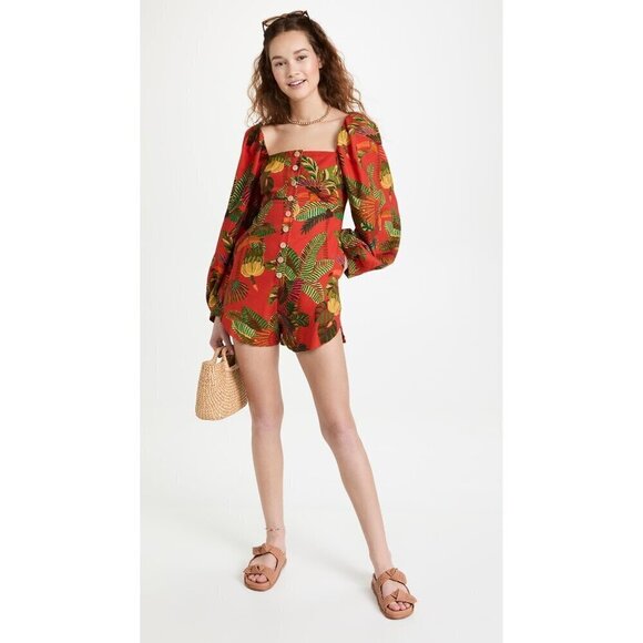 Farm Rio NWT Red Forest Birds Long Sleeve Linen Romper Size XS - Picture 1 of 11